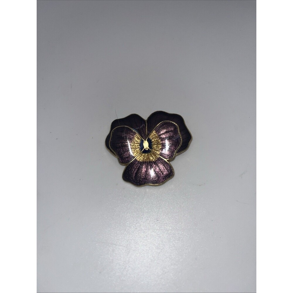 Vintage Fish & Crown Enamel Pansy 22k Gold Plated Purple Flower Brooch